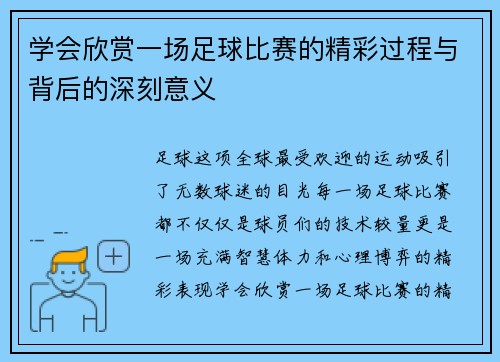 学会欣赏一场足球比赛的精彩过程与背后的深刻意义